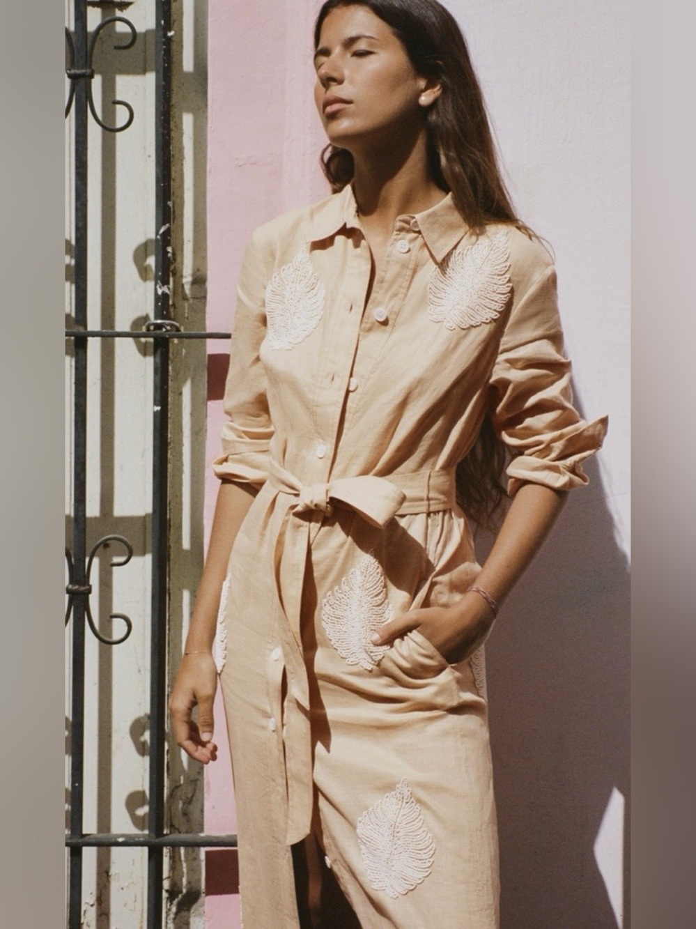 ZARA MIDI BELTED BEAD EMBROIDERED LEAF LINEN SHIRT DRESS